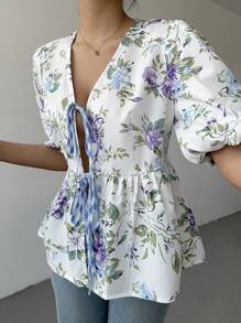 Chiquease Women's Front Tie Short Sleeve All-Over Floral Print Minimalist Blouse - White - View 3
