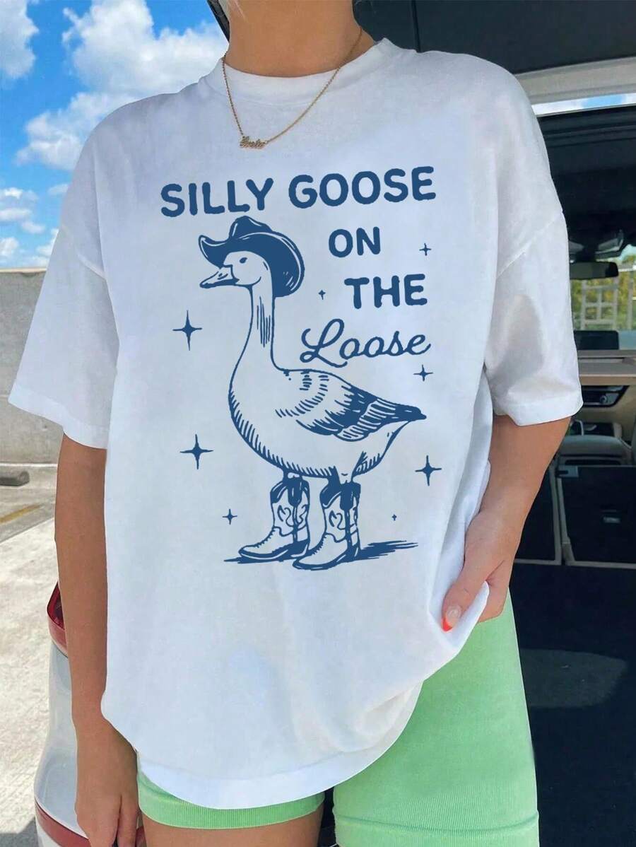 INAWLY 女士圆领短袖字母印花休闲上衣图案 T 恤女士上衣 - 白色 - 查看 1