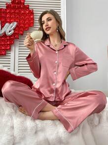 Women's Solid Color Long Sleeve Top & Pants Pajama Set, Casual & Fashionable For Everyday, Vacation