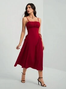 SHEIN Tall Red Date Night Long Dress Ruched Bust Lace Up Side Cami Dress - Burgundy - View 7