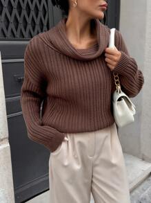 EURMUSE Women Cool Elegant Casual Drop Shoulder Oversize Brown Rib Soft Sweater - Brown - View 8