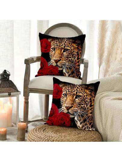 1/2 件复古猎豹和红玫瑰抱枕套，编织，拉链开合，装饰枕套，适用于卧室和客厅 - 无插入物，秋季装饰，秋季装饰，房间装饰