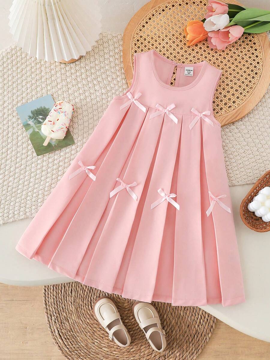 Genkimix Kids Serie esencial para niña joven, diseño plisado con lazo de unicolor, moda simple y versátil para uso casual diario