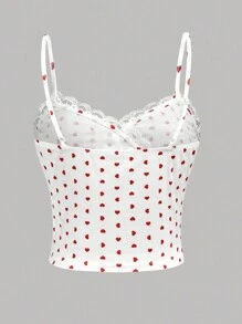 SHEIN Camiseta sin mangas con escote en V con corazones y estampado floral de pequeñas flores para niña adolescente en blanco y rojo