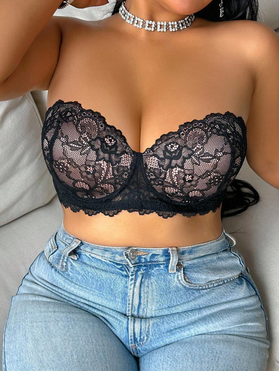 Plus Size Lace Bralette With Underwire Lingerie - Multicolor - View 1