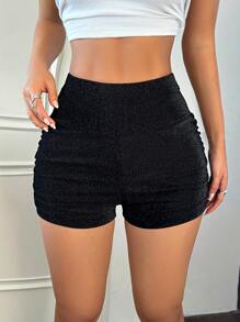 SHEIN Unity 女士性感夏季短裤，休闲褶皱高腰紧身短裤，俱乐部派对紧身裤，欧美风格 - 黑色 - 查看 2