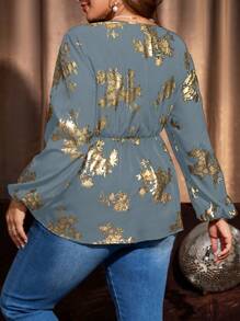 EMERY ROSE 大码休闲/工作烫金印花灯笼袖衬衫