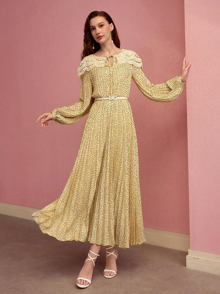 CONTRAST LACE POLKA DOT PLEATED DRESS,SPRING/SUMMER