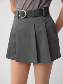 MOTF STUDIO 条纹斜口袋褶裥短裙 - 深灰色 - 查看 6