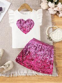 2pcs Set: Young Girl Knitted T-Shirt With Printed Sequins Sequins & Skirt