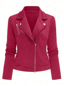 SHEIN LUNE Chaqueta de motocicleta casual con cremallera y textura de tela, con solapa