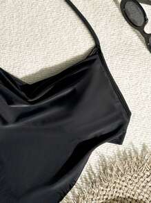 SHEIN Swim Top halter sin mangas sexy con tirantes de lazada de unicolor para mujer, verano