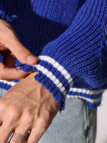 SUMWON Premium Varsity Letter V-Neck Sweater College Style Distressed Knit Pullover Casual Wear Winter Fall Fashion Loose Fit Ribbed Trim Oversized S Letter - Blue - View 5