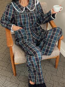 DAZY Cute Christmas Plaid Ruffle Collar Splice Pajama Set - Blue - View 3