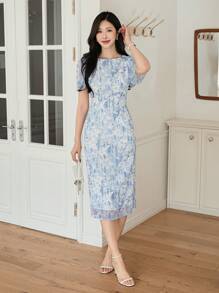 Wynsel Vestido midi con volantes y estampado floral elegante para mujer, vestido de verano, vestido para boda - Azul - Ver 3