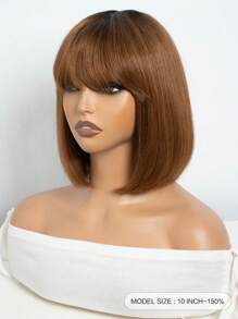 Tóc giả Bob không cần keo có tóc mái, Tóc giả Bob ngắn thẳng màu nâu ombre, Tóc giả Bob Bang 10 inch với kết cấu Yaki rất nhẹ - S1/30 - Xem 4