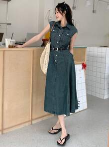 DAZY Women's Front Button Sleeveless Pocket Casual Long Dress Shirt Dress - Blue - View 2