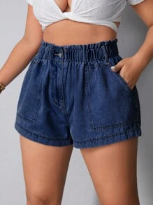 Breezaya Pantalones cortos vaqueros holgados con cintura elástica y bolsillos para mujeres de talla grande