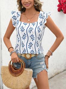 Vivid Eden 女士方领盖袖蓝白印花休闲假日衬衫