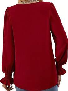 Blusa de manga larga y cuello en V de talla grande en unicolor, para uso diario casual, top rojo para mujer
