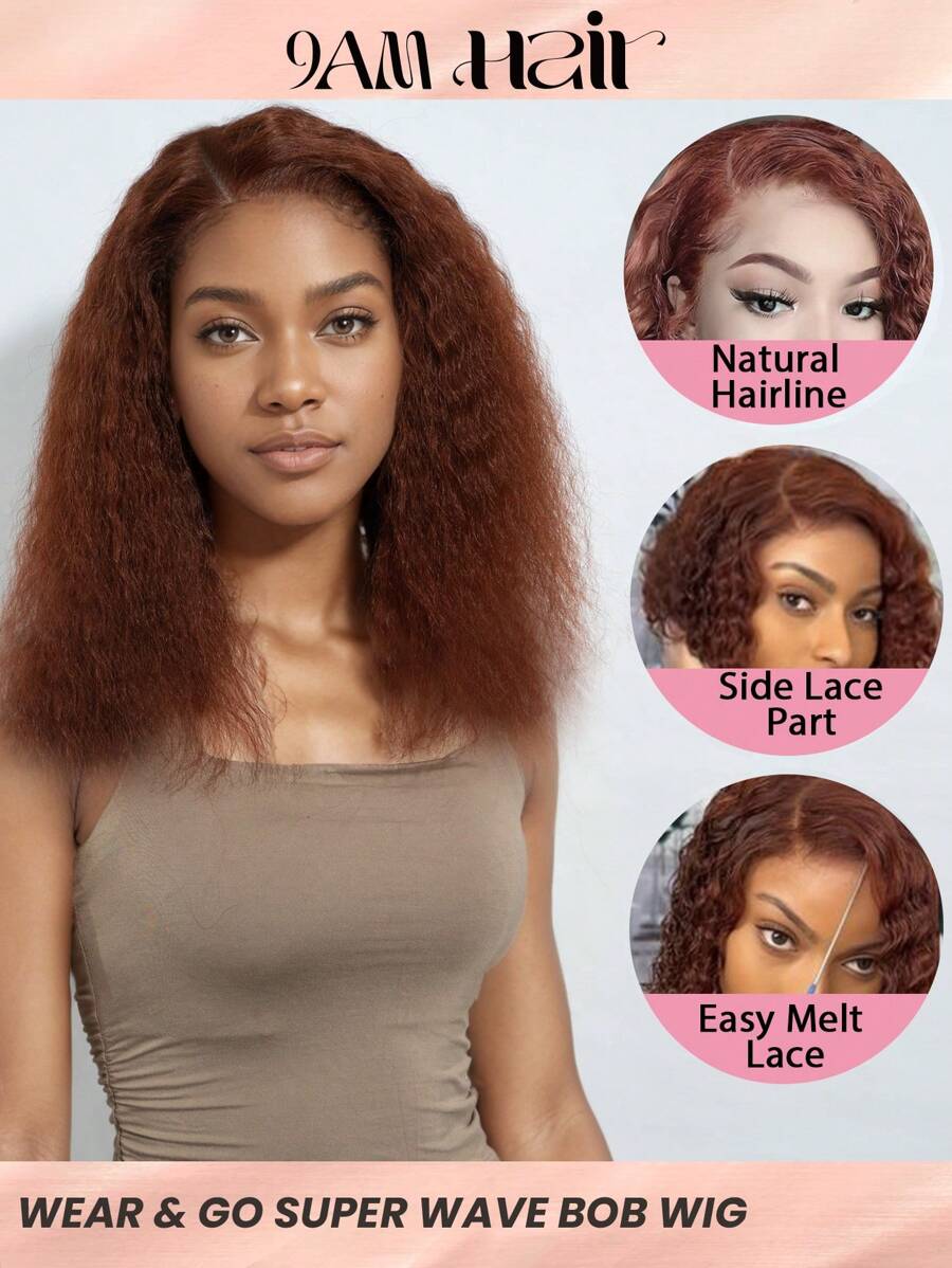 Glueless lockige Bob Spitzenfront Perücke aus Echthaar, transparente, vorgeschnittene Superwell Spitzenfront Bob Perücke mit vorgezupftem Seitenscheitel, rötlich-braun, Tiefwellige Wellen, einfach zum Anziehen und Tragen