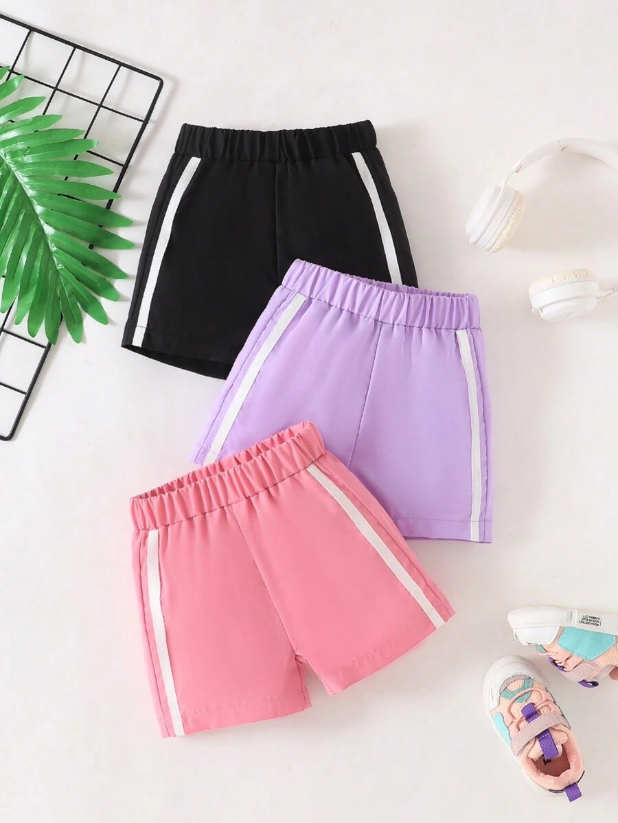 SHEIN 3pcs/Set Baby Girls Colorblock Elastic Waist Casual Sports Shorts, Soft, Versatile, Suitable For Summer, New Arrival - Multicolor - View 1