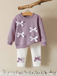 SHEIN Vintaside Kids 2 件套女宝宝休闲百搭舒适可爱针织面料蝴蝶结圆领宽松套头衫和修身裤两件套，适合室内或室外，性价比高 - 彩色 - 查看 1