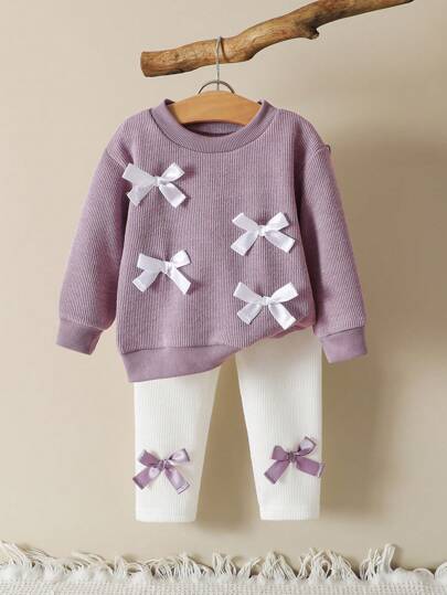 SHEIN Vintaside Kids 2 件套女宝宝休闲百搭舒适可爱针织面料蝴蝶结圆领宽松套头衫和修身裤两件套，适合室内或室外，性价比高