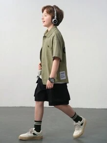 SHEIN Leap Crew Tween Boy Casual Loose Fit Shirt With Large Front Pockets And Pants 2 Pieces Set - Army Green - View 3