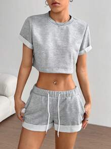 Flirla Casual Crew Neck Pullover Short Sleeve Cropped Sweatshirt With Elastic Waist Drawstring & Side Pockets, Folded Hem Shorts 2Pcs Set