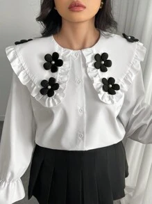 Celure Plus Size Elegant Blouse With Large Lapel, Rivet Cuff, Ruffle Trim