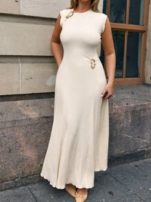 SHEIN Unity 女士纯色紧身圆领金属扣连衣裙