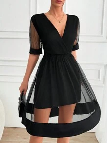 EURMUSE DEEP 'V' COLLAR TULLED SLEEVE & SKIRT DETAILED SHORT DRESS - Black - View 1