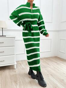 SHEIN Black & White Striped Extra Long Zipper Collar Fold-Over Design Basic Knit Sweater Dress For Women - Green - View 4