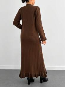 EURMUSE Elegant Raffle Hem Button Detailed Sleeves Maxi Rib Knit Sweater Dress - Brown - View 3