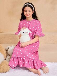 SHEIN Leap Crew Tween Girls' Loose Casual Heart Pattern Wide A-Line Ruffle Trim Dress - Pink - View 7