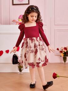 SHEIN Cô Gái Trẻ Dệt kim Màu thuần Với Thêu Bướm Và Lưới Đầm - Màu Đỏ Sâu - Xem 4