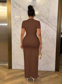 SHEIN SXY Summer Deep V-Neck Puckered Short Sleeve Bodycon Dress - Mocha Brown - View 3