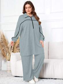 Mulvari 2pcs Plus Size Elegant Set: Front Zipper Long Sleeve Top And Full Length Pants 2 Pieces Set - Grey - View 1