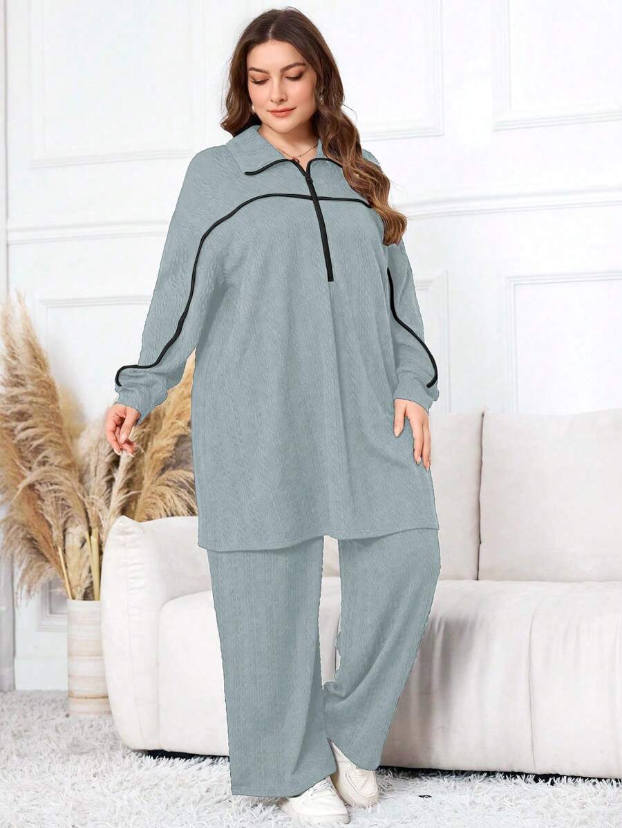 Mulvari 2pcs Plus Size Elegant Set: Front Zipper Long Sleeve Top And Full Length Pants 2 Pieces Set - Grey - View 1