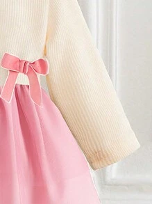 SHEIN Baby Girl Winter Knitted Tulle Dress With Bow Decor - Pink - View 4