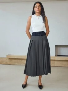 MOTF STUDIO COLORBLOCK PLEATED BELTED MIDI SKIRT