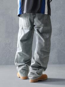 SUMWON 优质宽松工装牛仔裤，压花设计，休闲木匠风格，厚重牛仔布，适合街头服饰、都市时尚、秋冬系列 - 藍色 - 查看 5