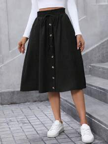 SHEIN LUNE 女士蓝色牛仔效果 A 字裙，宽松版型，适合秋季 - 黑色 - 查看 3
