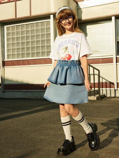 SHEIN 2pcs/Set Tween Girls Peach Pattern Short Sleeve T-Shirt And Denim Skirt Outfit, Summer New Arrival