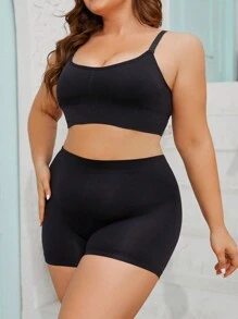 Plus Size Solid Color Spaghetti Strap Minimalist Tank Top And Shorts Casual Pajamas Set