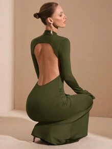 SHEIN BAE Váy dài tay thanh lịch, dài chấm đất, hở lưng tối giản cho nữ, thích hợp mặc hàng ngày, hẹn hò, đi chơi, đi hộp đêm, tiệc tùng, mùa thu - xanh quân đội - Xem 5