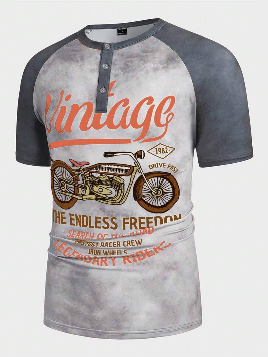 Manfinity LEGND Men's Casual Contrast Color Patchwork Motorcycle Slogan Print Short Sleeve T-Shirt - Light Grey - View 1