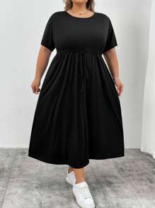 SHEIN CURVE+ Plus Size Women Summer Casual Black Belted Waist Loose Dress With Pockets, Long Sleeve