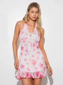 SHEIN EZwear Vestido para mujer sin mangas con cuello transparente con flores de encaje - Rosa - Ver 6